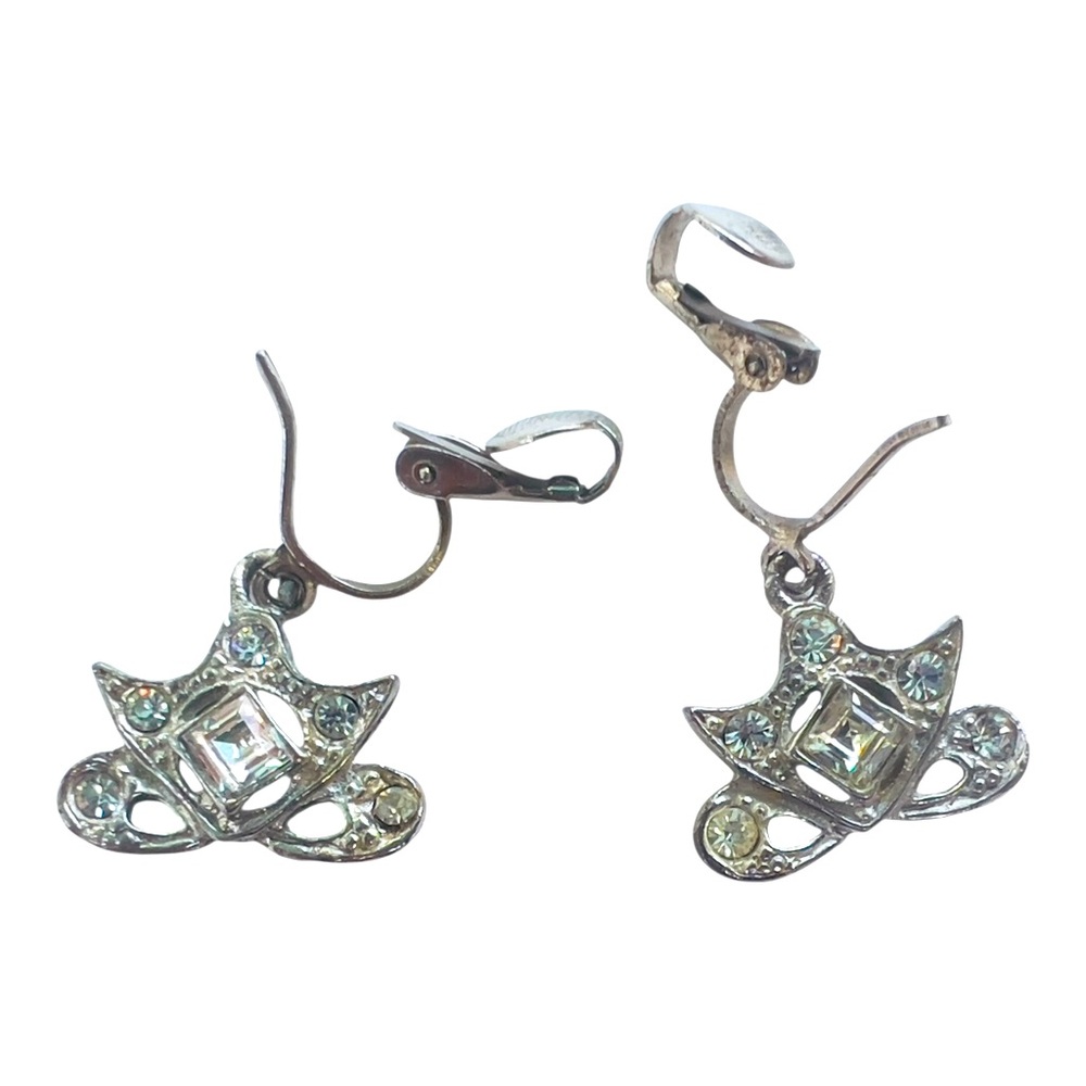 Vintage Silver Tone & Clear Rhinestone Dangle/Drop Earrings w/ Hoop Closure